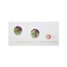 Mini Stud - Amethyst Purple, 24 Carat Gold & Green leafy Print