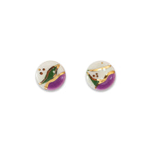Mini Studs- Amethyst Purple, 24 Carat Gold & Green leafy Print