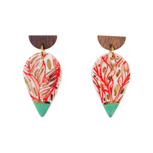 Raindrop Ceramic Earrings - Red Leaf Print with Mint