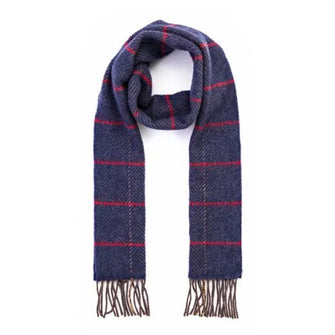 Irish Cashmere Merino Scarf Denim with Beige Red Windowpane