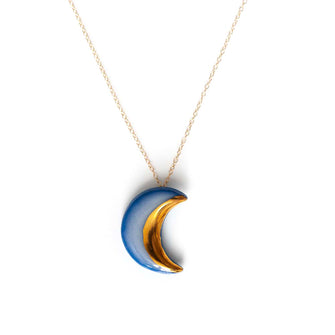 Blue and Gold Large Crescent Moon Necklace